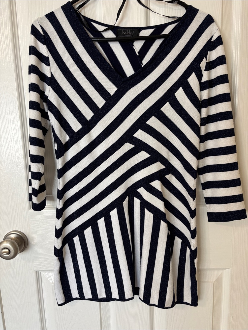 Navy and White Striped Wrap-Style Women’s Top